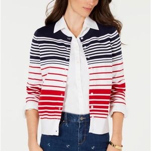 Patriotic Charter Club Red White & Blue Striped Cardigan Sweater Size Medium